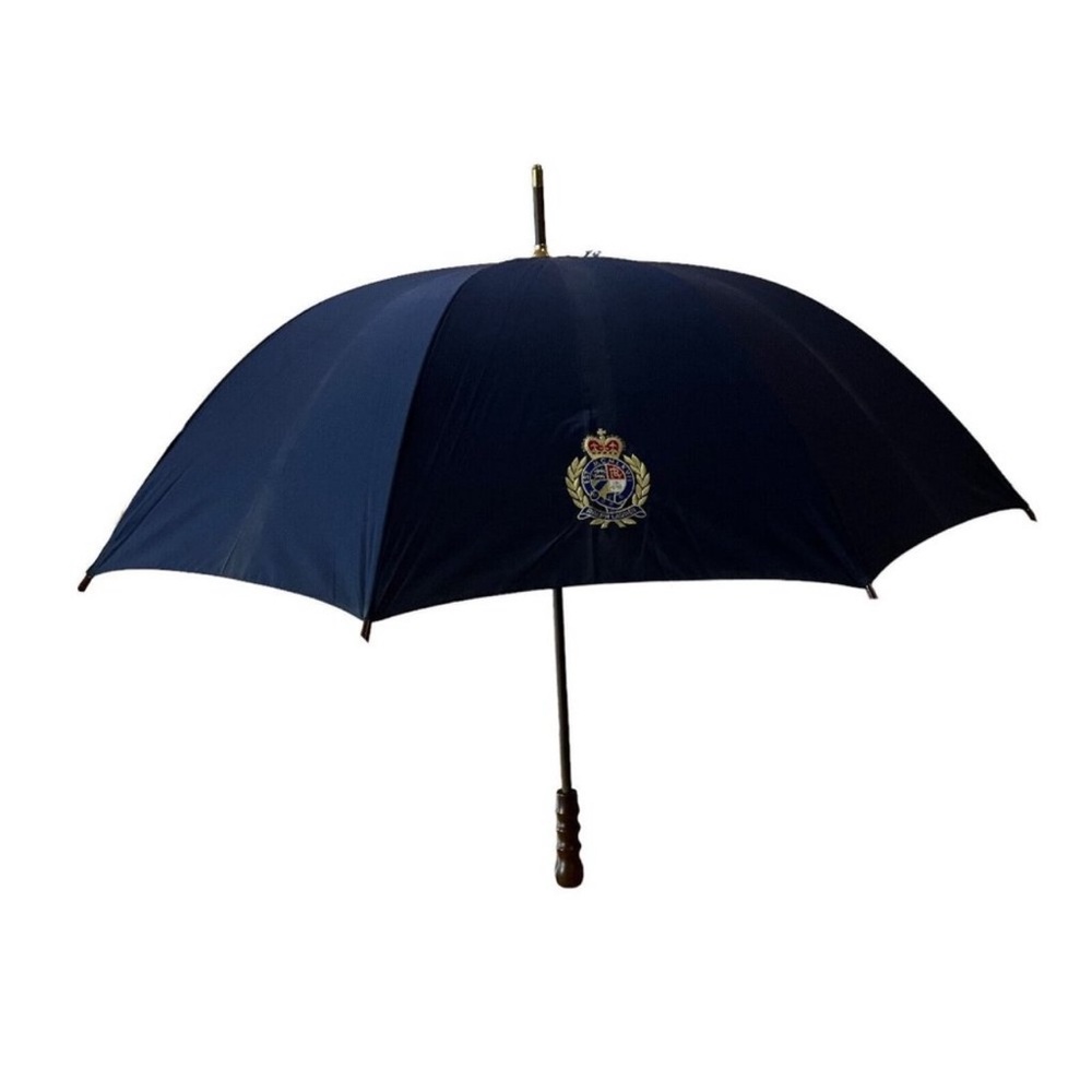 Ralph Lauren Vintage Navy Blue Umbrella 90's Gold Crest Embroidered 37" Wooden